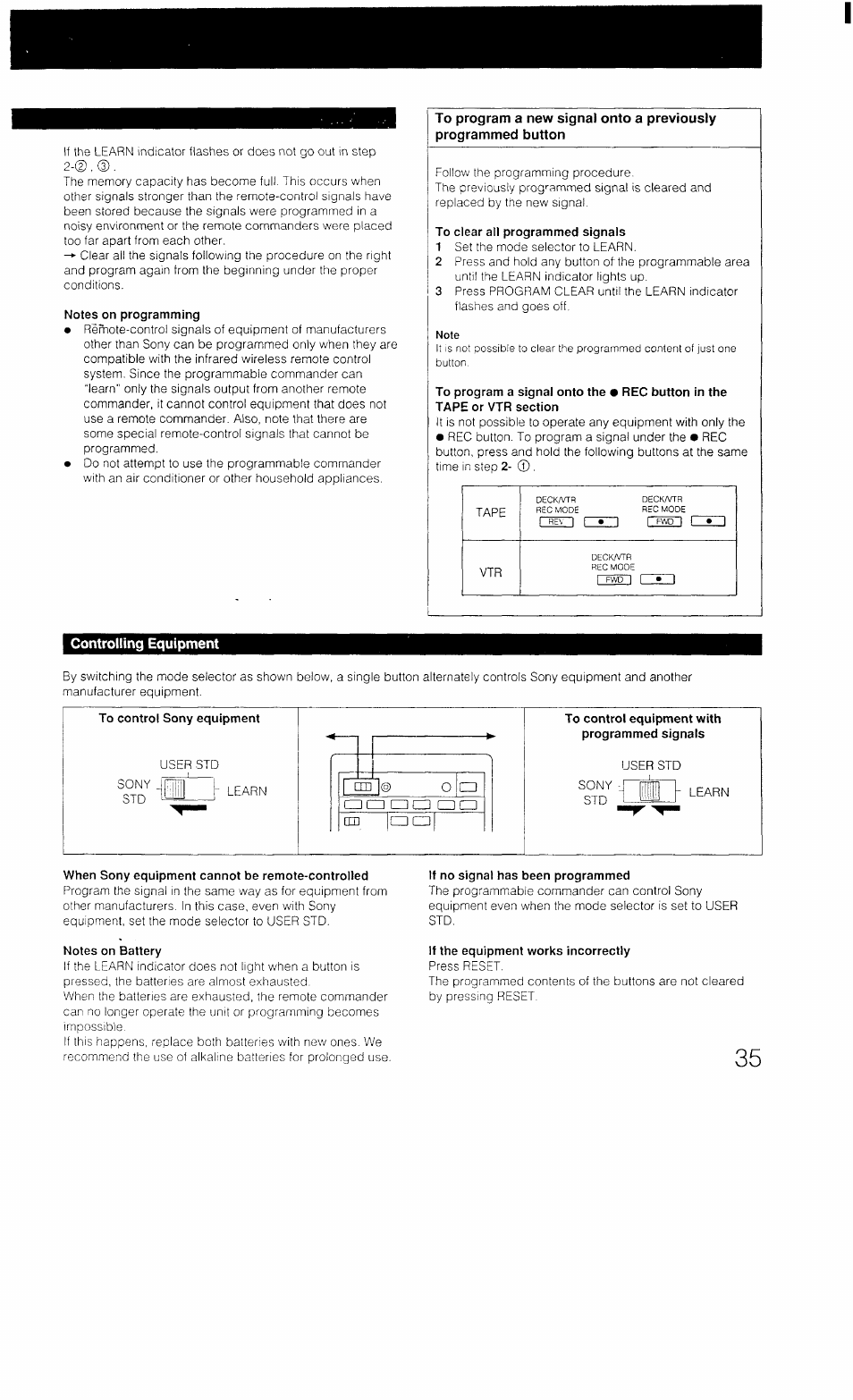 Notes on programming, Controlling equipment, When sony equipment cannot be remote-controlled | If no signal has been programmed, Notes on battery, If the equipment works incorrectly | Sony STR-AV1070X User Manual | Page 35 / 43