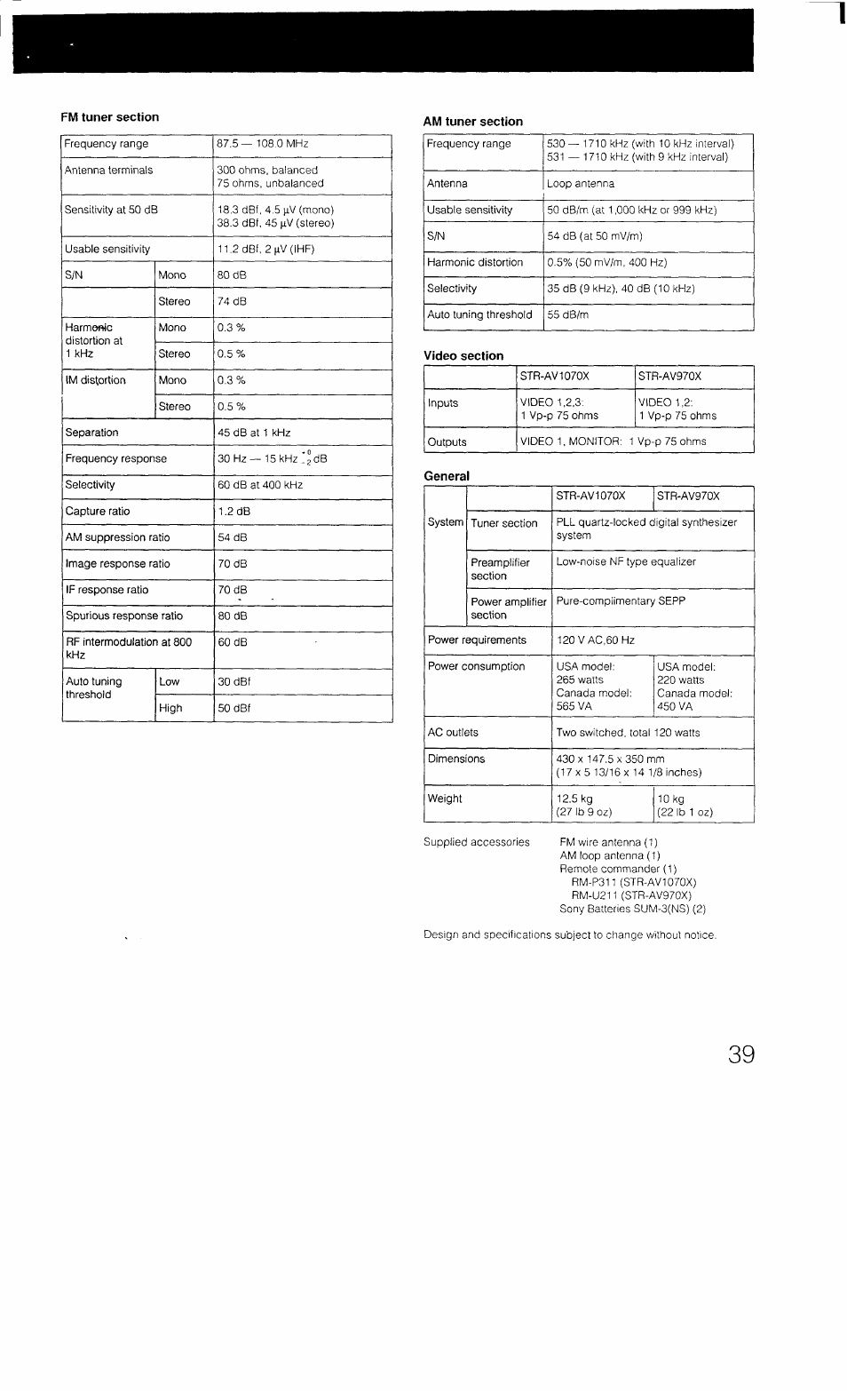 Video section, General | Sony STR-AV1070X User Manual | Page 39 / 43