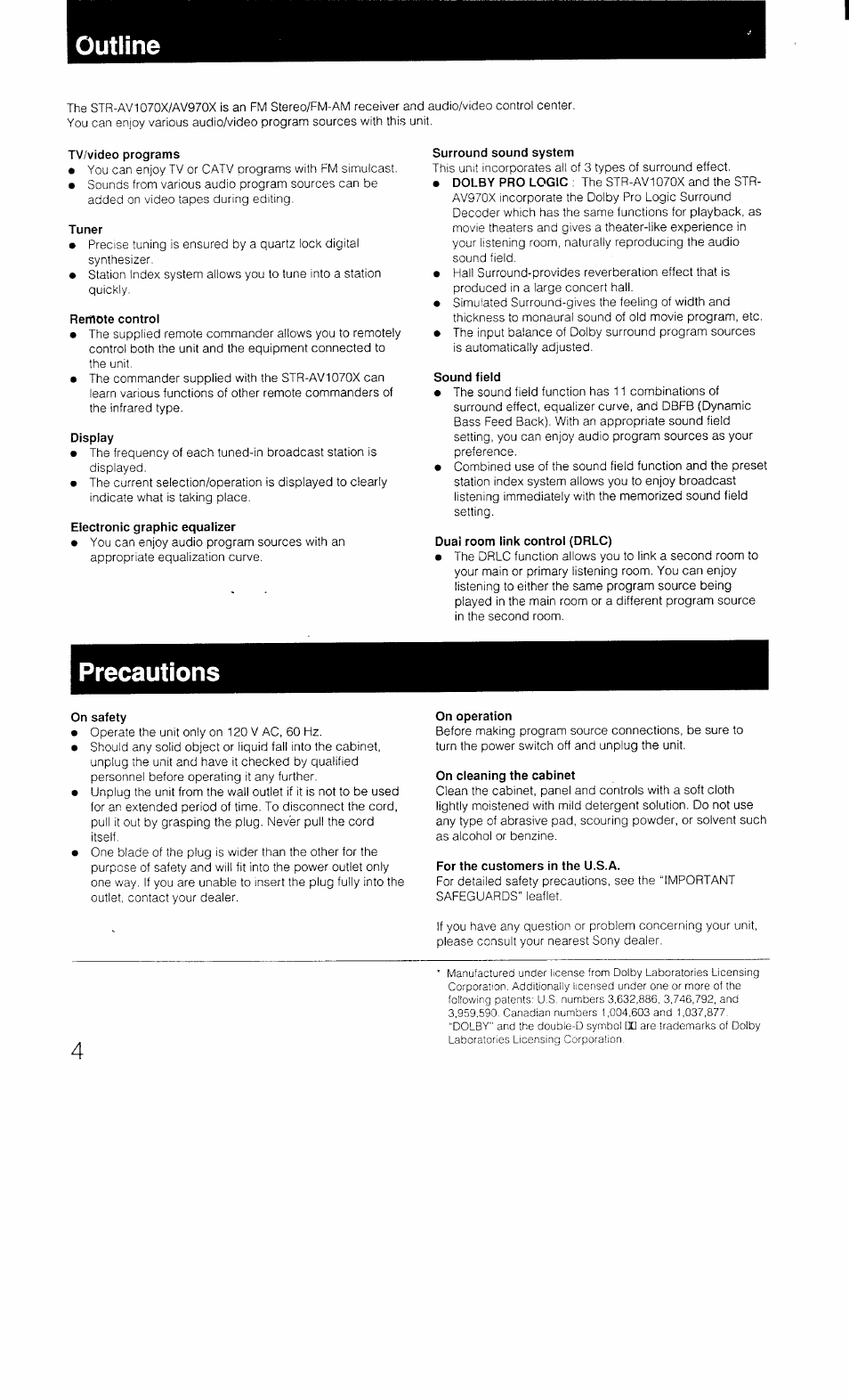Remote control, Display, Electronic graphic equalizer | Surround sound system, Sound field, Dual room link control (drlc), Precautions, On safety, On operation, On cleaning the cabinet | Sony STR-AV1070X User Manual | Page 4 / 43