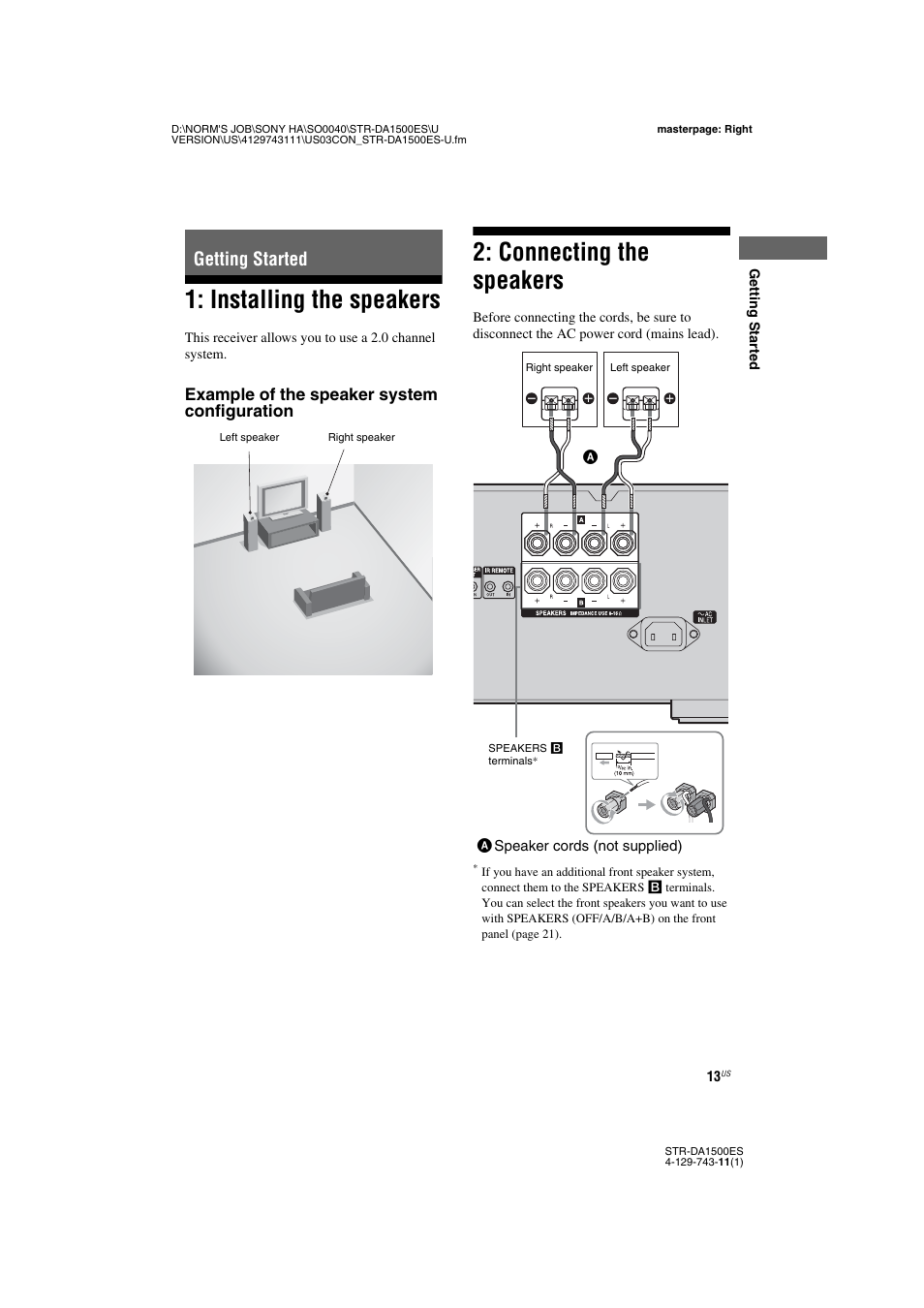 Getting started, Installing the speakers, Connecting the speakers | Installing the speakers 2: connecting the speakers | Sony STR-DA1500ES User Manual | Page 13 / 60