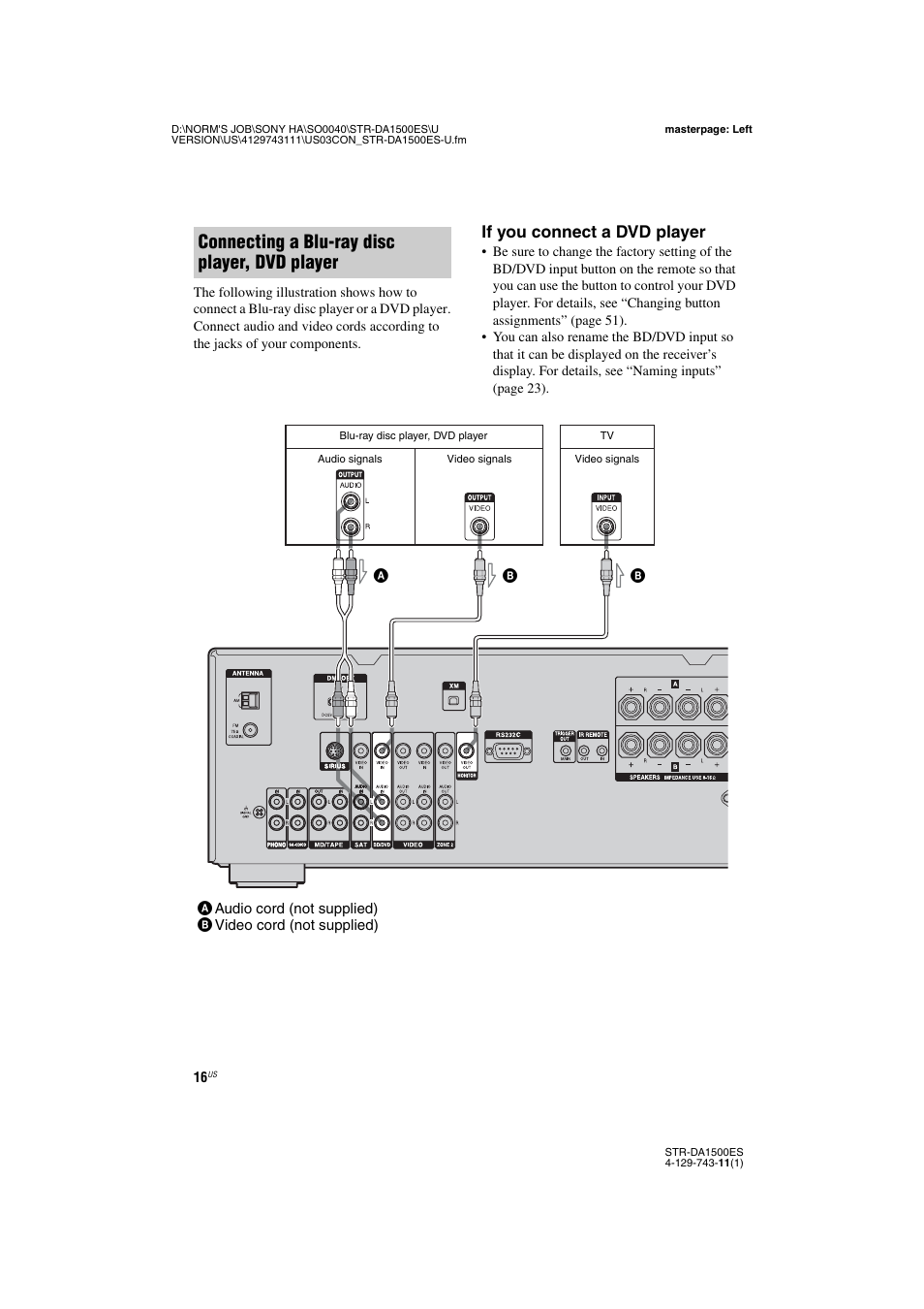 Age 16, Connecting a blu-ray disc player, dvd player, If you connect a dvd player | Sony STR-DA1500ES User Manual | Page 16 / 60