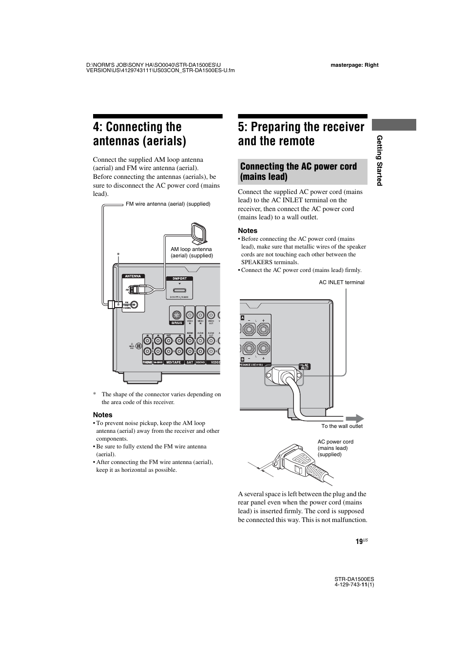 Connecting the antennas (aerials), Preparing the receiver and the remote, Connecting the ac power cord (mains lead) | Sony STR-DA1500ES User Manual | Page 19 / 60