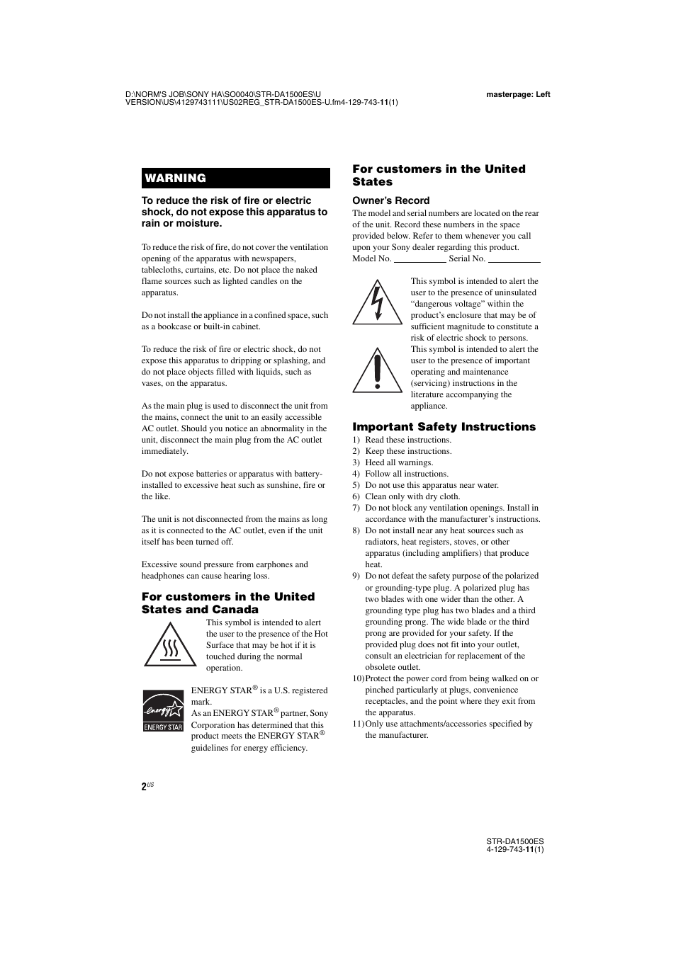 Sony STR-DA1500ES User Manual | Page 2 / 60