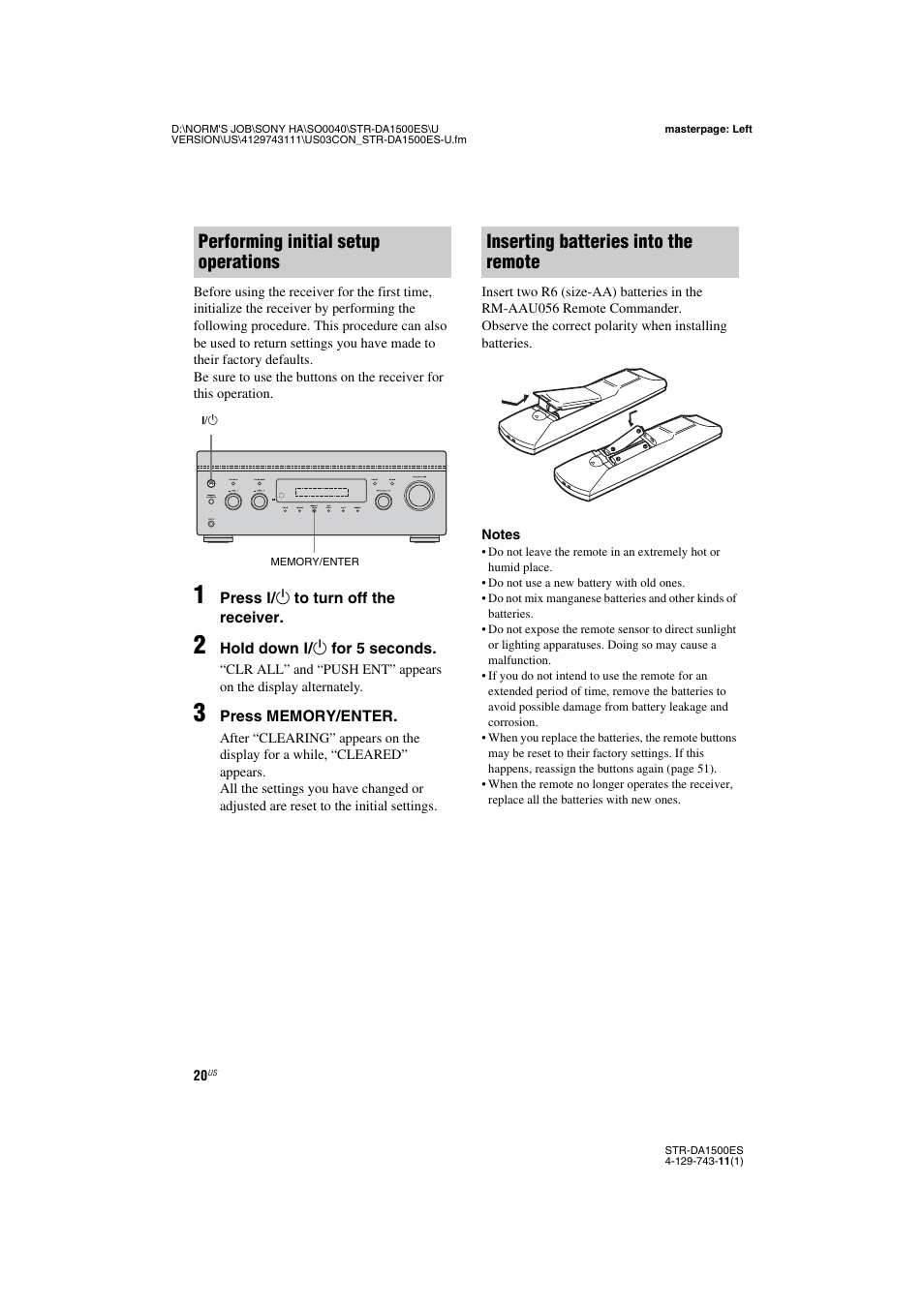 E 20, Performing initial setup operations, Inserting batteries into the remote | Sony STR-DA1500ES User Manual | Page 20 / 60