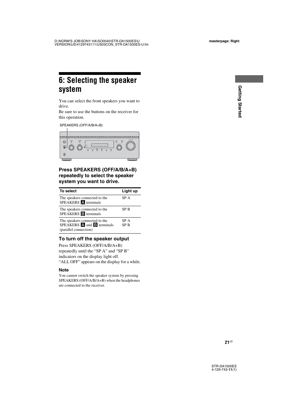 Selecting the speaker system | Sony STR-DA1500ES User Manual | Page 21 / 60