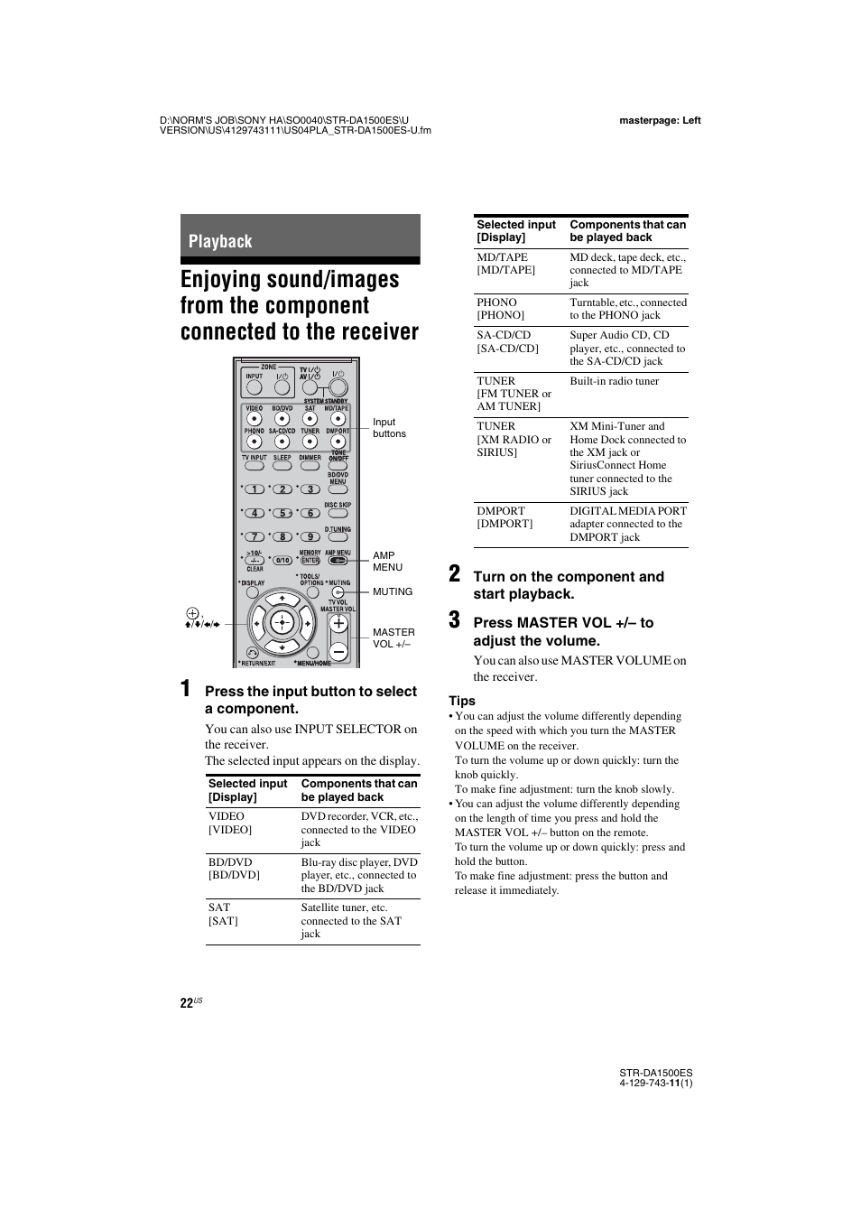 Playback, Enjoying sound/images from the component, Connected to the receiver | E 22 | Sony STR-DA1500ES User Manual | Page 22 / 60