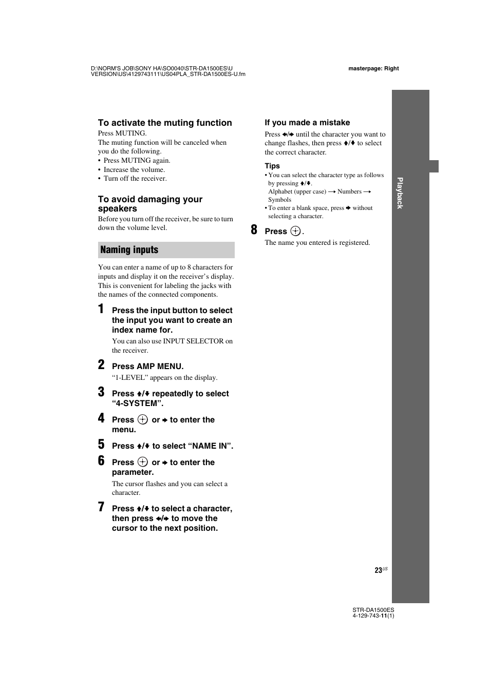 Naming inputs | Sony STR-DA1500ES User Manual | Page 23 / 60