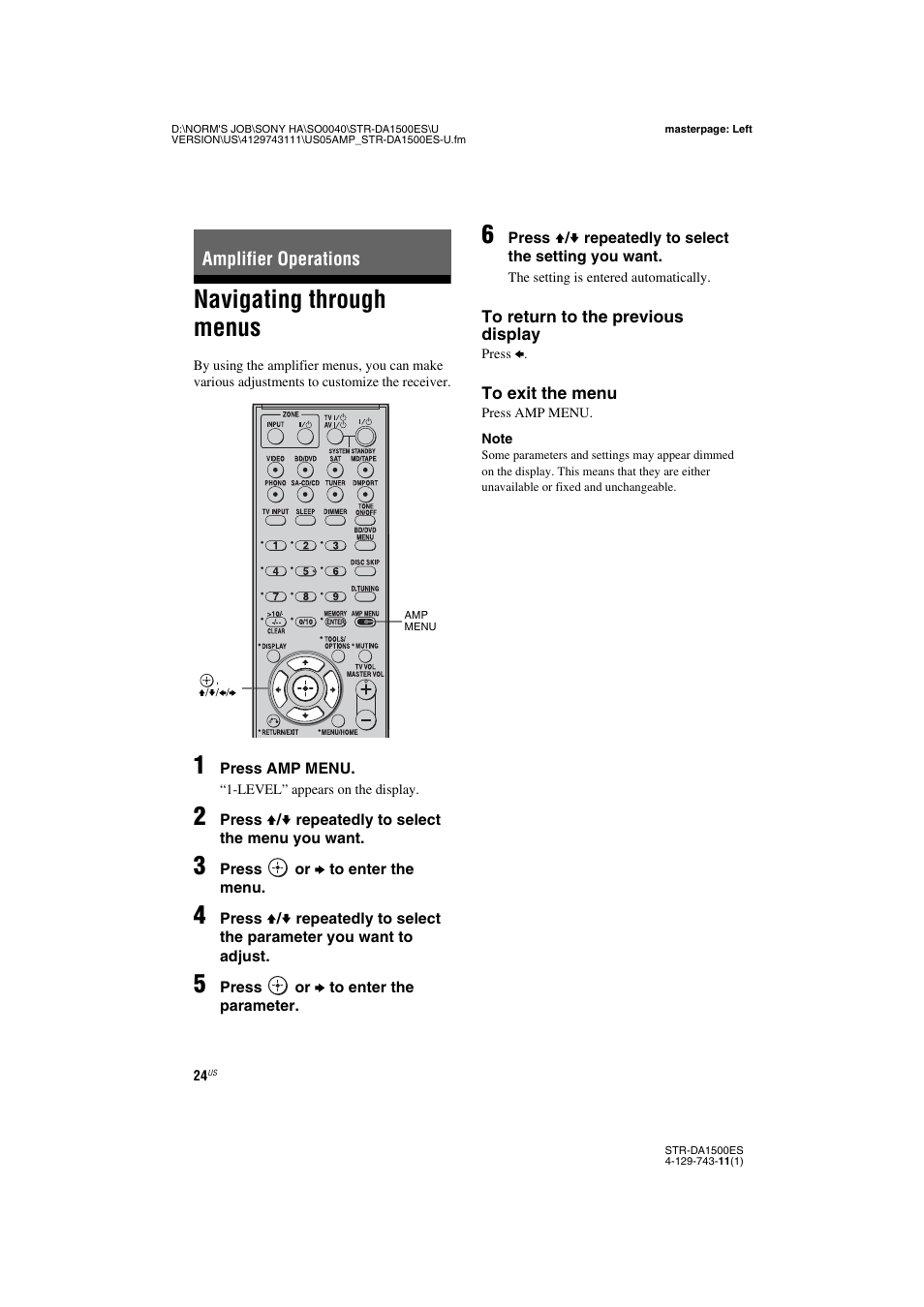 Amplifier operations, Navigating through menus | Sony STR-DA1500ES User Manual | Page 24 / 60