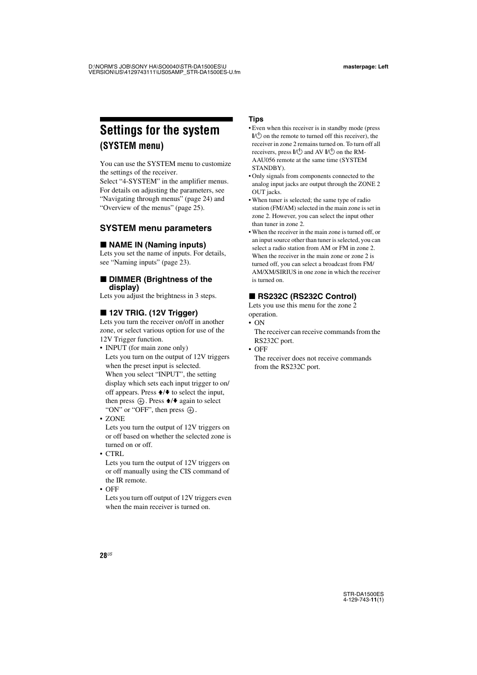 Settings for the system (system menu), Settings for the system, System menu) | Sony STR-DA1500ES User Manual | Page 28 / 60