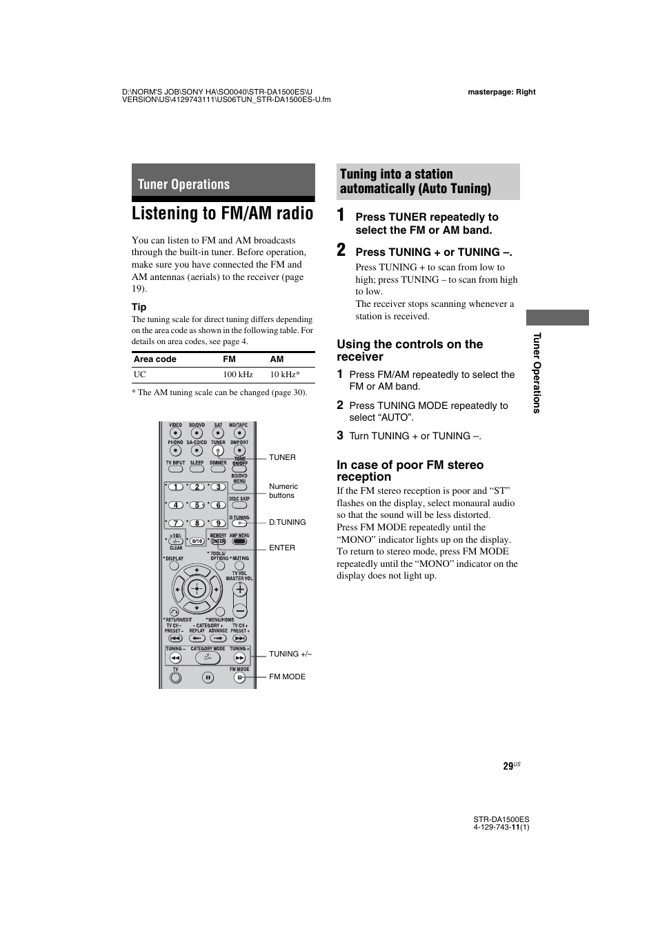 Tuner operations, Listening to fm/am radio, E 29, 36 | Tuning into a station automatically (auto tuning) | Sony STR-DA1500ES User Manual | Page 29 / 60