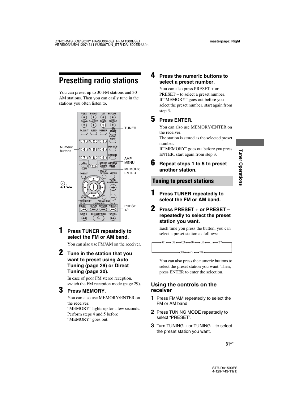 Presetting radio stations, Tuning to preset stations | Sony STR-DA1500ES User Manual | Page 31 / 60