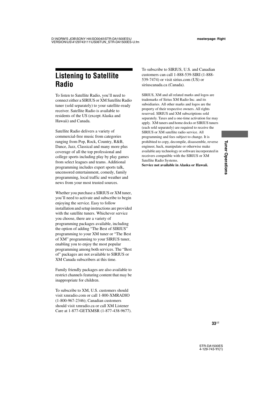 Listening to satellite radio | Sony STR-DA1500ES User Manual | Page 33 / 60