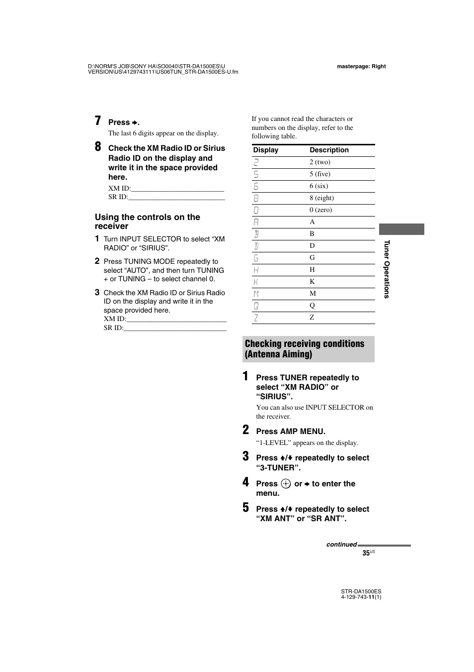 Checking receiving conditions (antenna aiming) | Sony STR-DA1500ES User Manual | Page 35 / 60