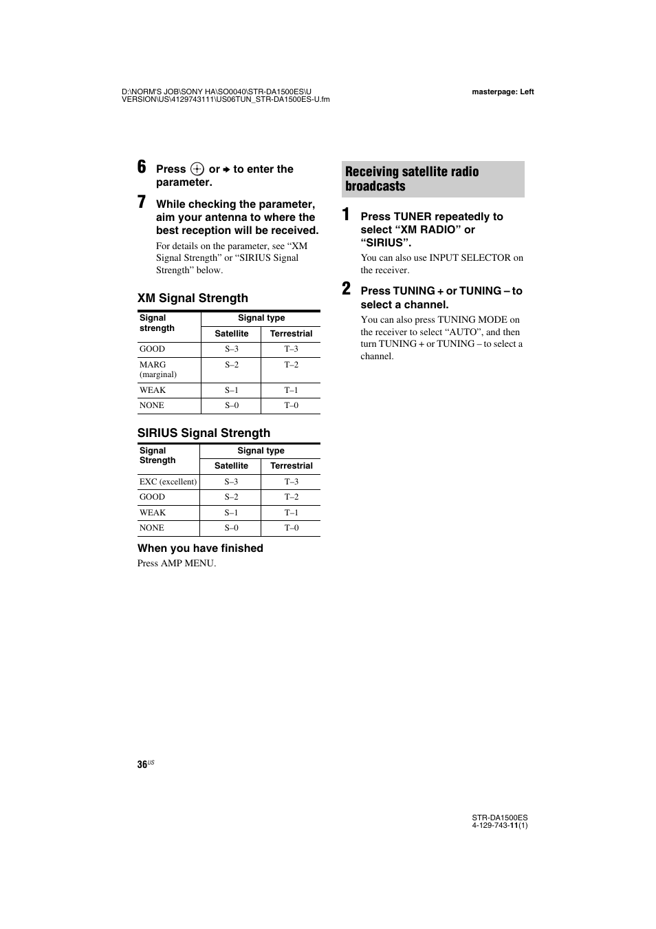 Receiving satellite radio broadcasts | Sony STR-DA1500ES User Manual | Page 36 / 60