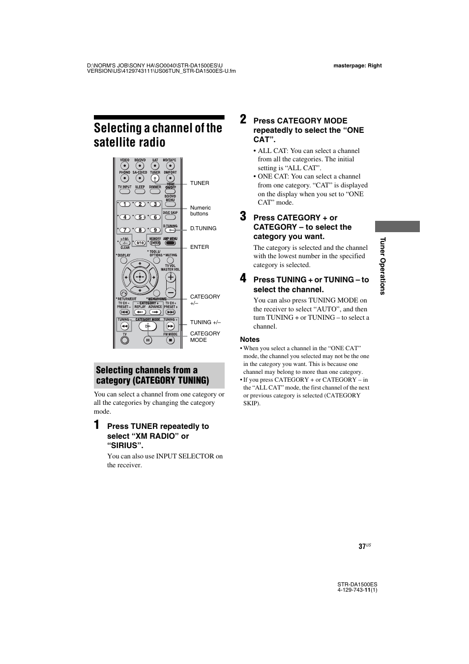 Selecting a channel of the satellite radio | Sony STR-DA1500ES User Manual | Page 37 / 60