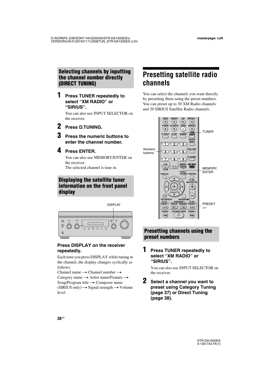 Presetting satellite radio channels | Sony STR-DA1500ES User Manual | Page 38 / 60