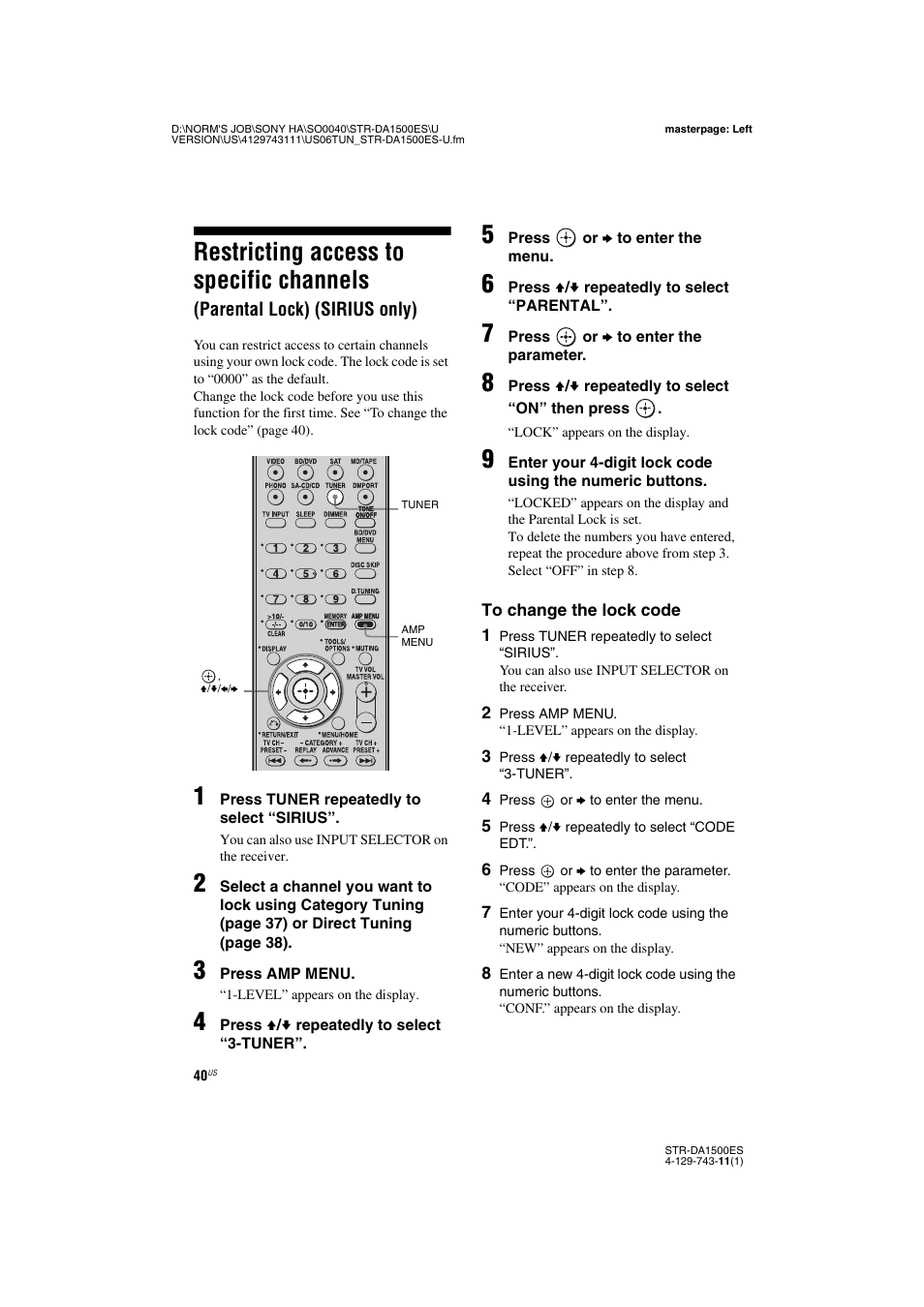 Restricting access to specific channels, Parental lock) (sirius only) | Sony STR-DA1500ES User Manual | Page 40 / 60