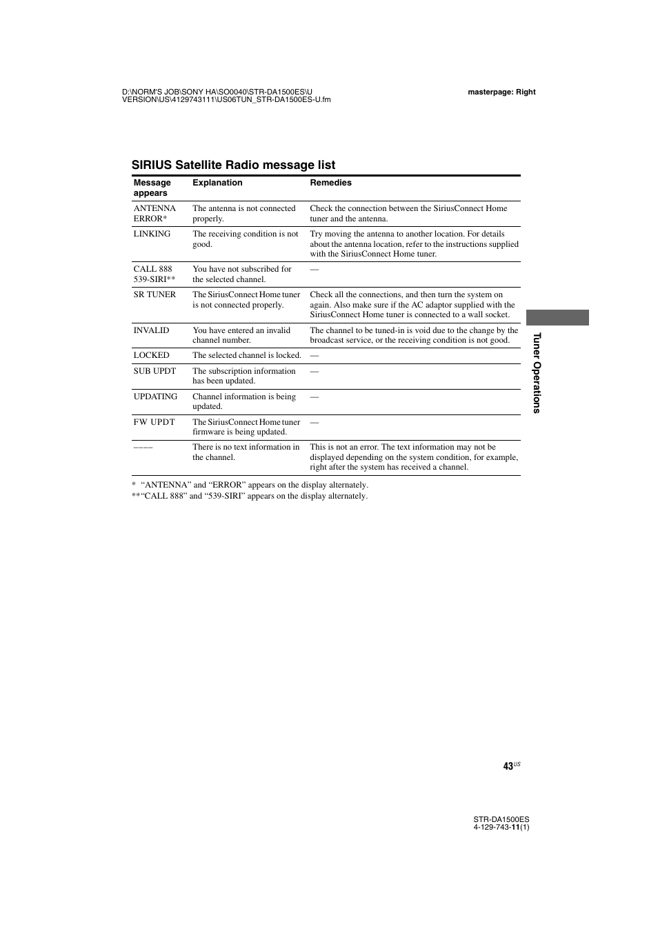 Sirius satellite radio message list | Sony STR-DA1500ES User Manual | Page 43 / 60