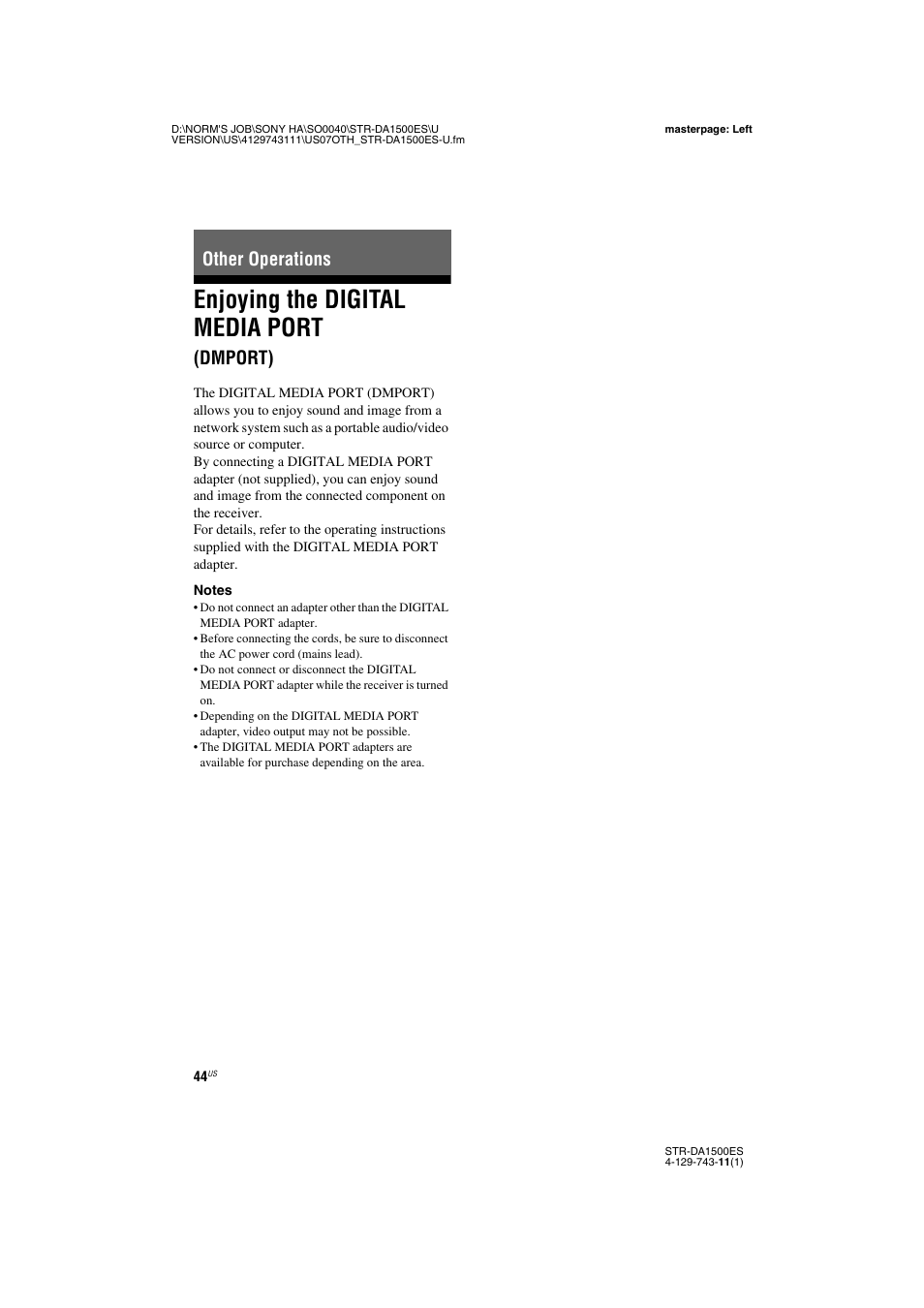 Other operations, Enjoying the digital media port (dmport), Enjoying the digital media port | Dmport) | Sony STR-DA1500ES User Manual | Page 44 / 60