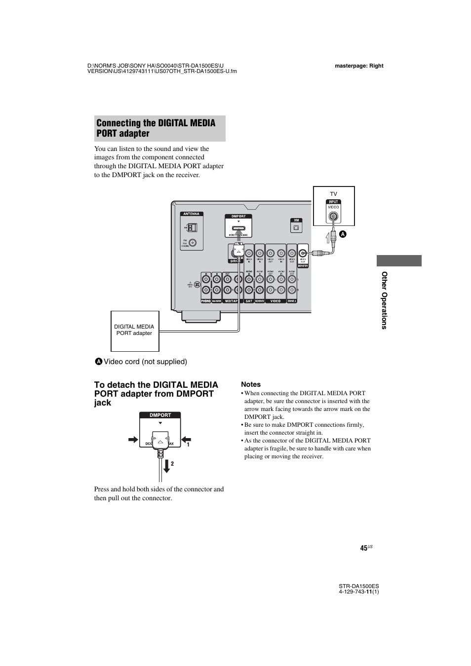 Connecting the digital media port adapter | Sony STR-DA1500ES User Manual | Page 45 / 60