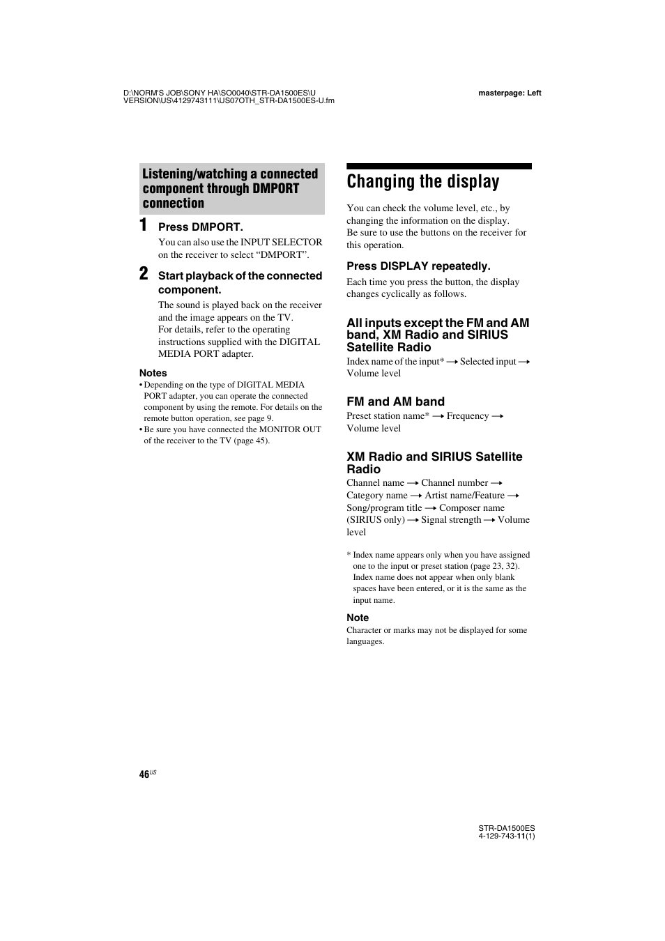 Changing the display | Sony STR-DA1500ES User Manual | Page 46 / 60