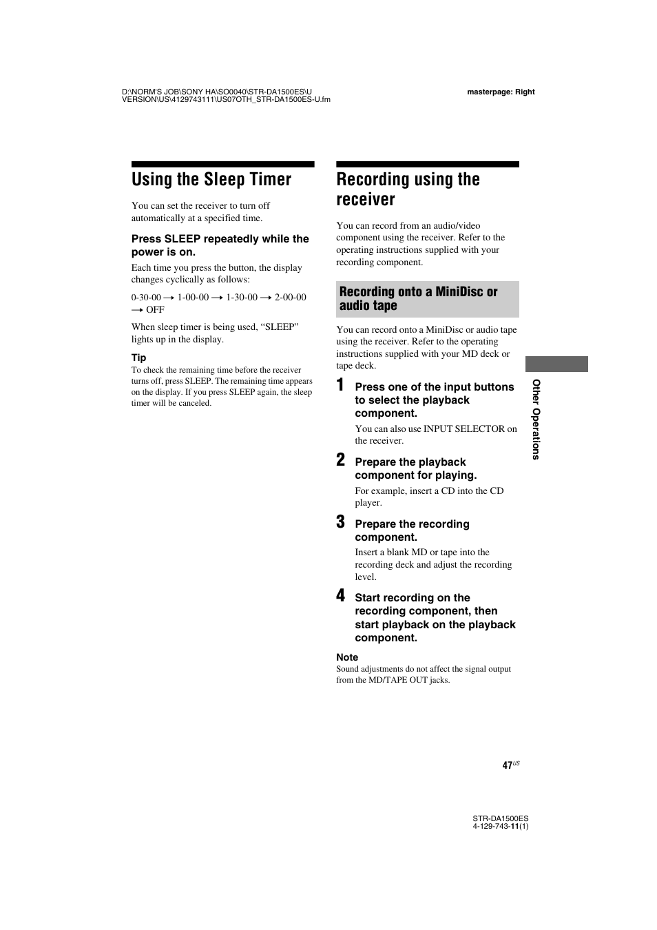 Using the sleep timer, Recording using the receiver, Using the sleep timer recording using the receiver | Sony STR-DA1500ES User Manual | Page 47 / 60