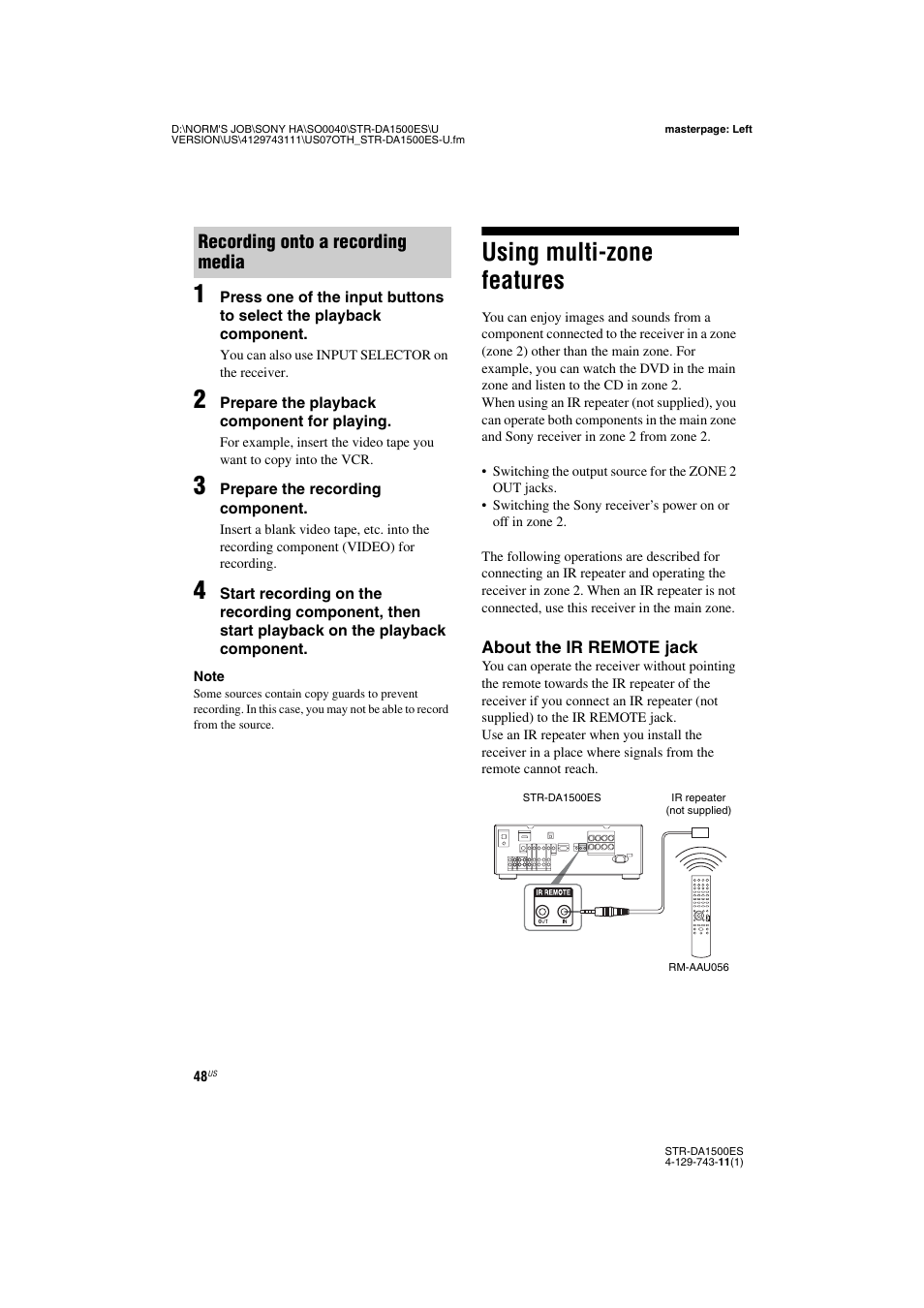 Using multi-zone features, Recording onto a recording media | Sony STR-DA1500ES User Manual | Page 48 / 60