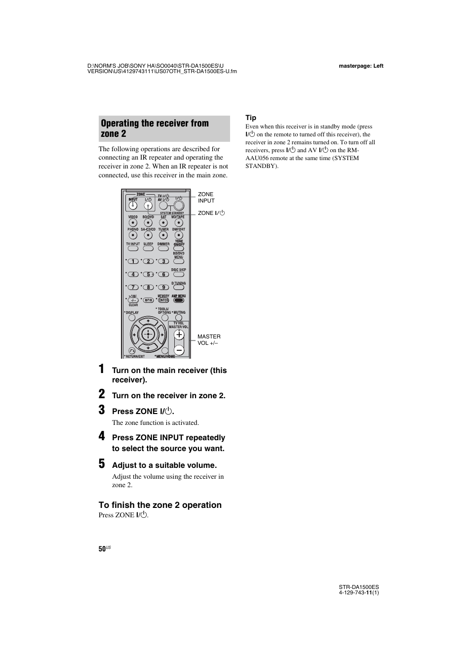 Operating the receiver from zone 2 | Sony STR-DA1500ES User Manual | Page 50 / 60