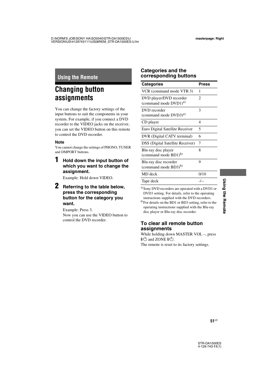 Using the remote, Changing button assignments | Sony STR-DA1500ES User Manual | Page 51 / 60