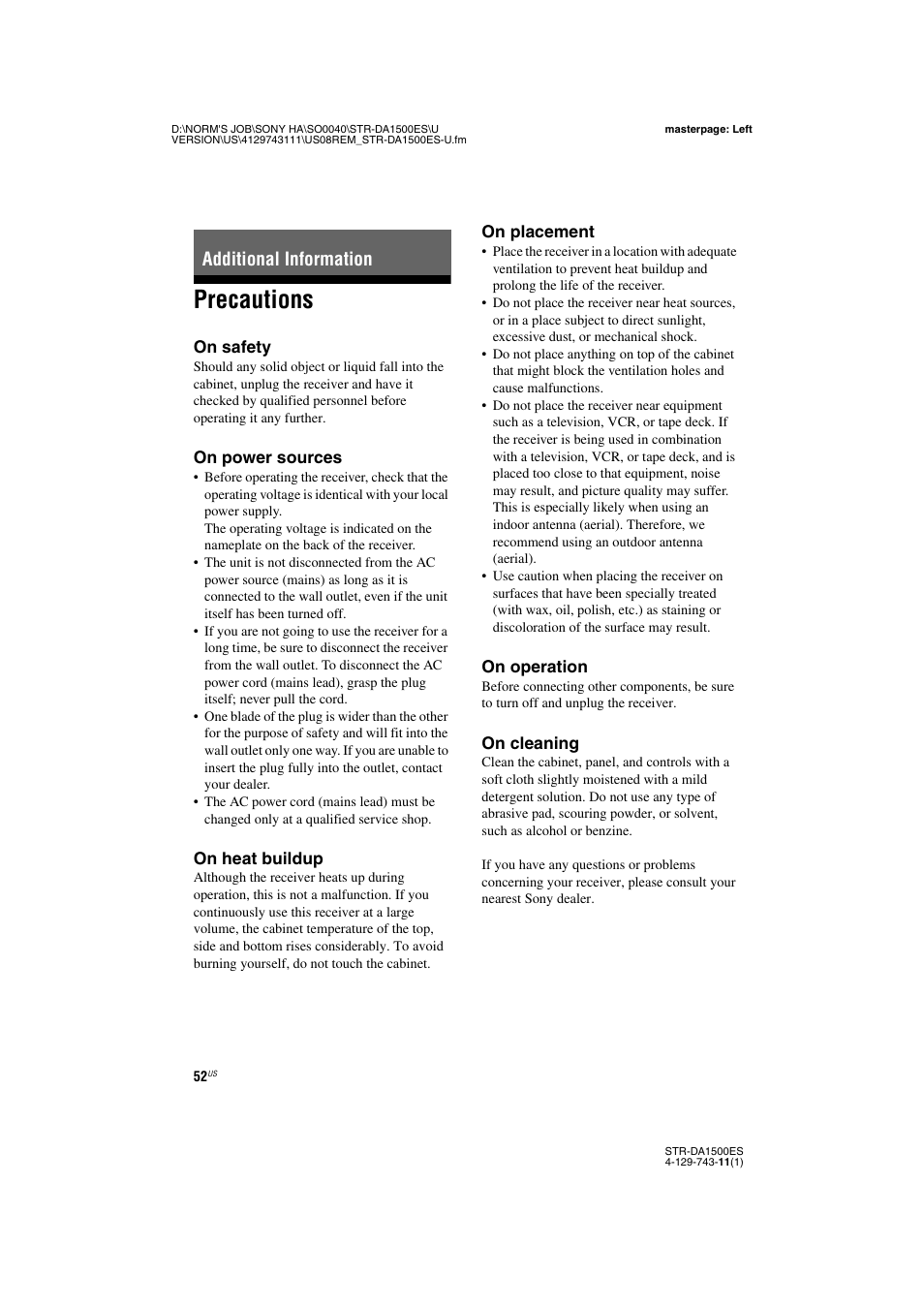 Additional information, Precautions | Sony STR-DA1500ES User Manual | Page 52 / 60