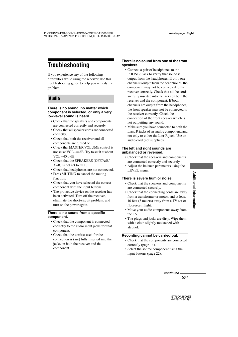 Troubleshooting, Audio | Sony STR-DA1500ES User Manual | Page 53 / 60