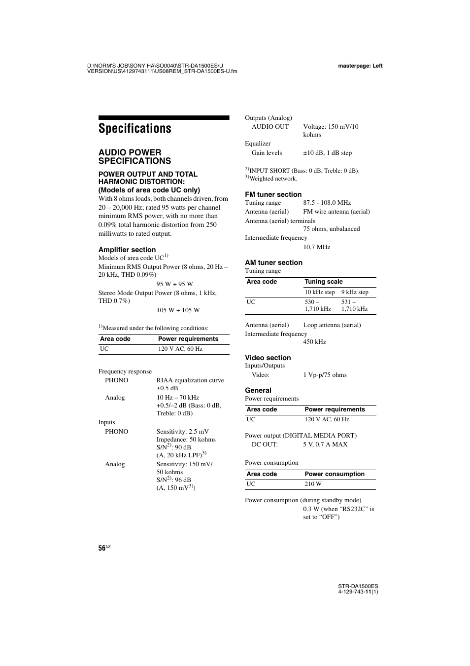 Specifications, Audio power specifications | Sony STR-DA1500ES User Manual | Page 56 / 60