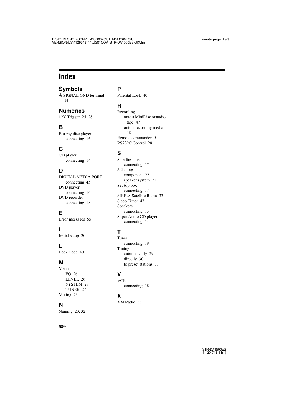 Index, Symbols, Numerics | Sony STR-DA1500ES User Manual | Page 58 / 60