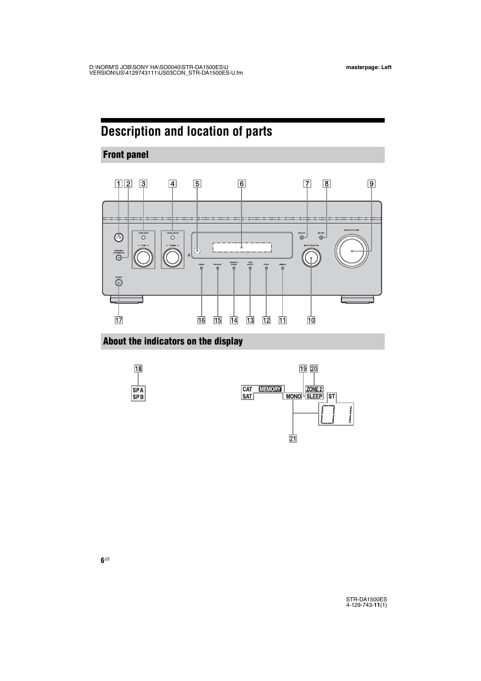 Description and location of parts, Front panel about the indicators on the display | Sony STR-DA1500ES User Manual | Page 6 / 60