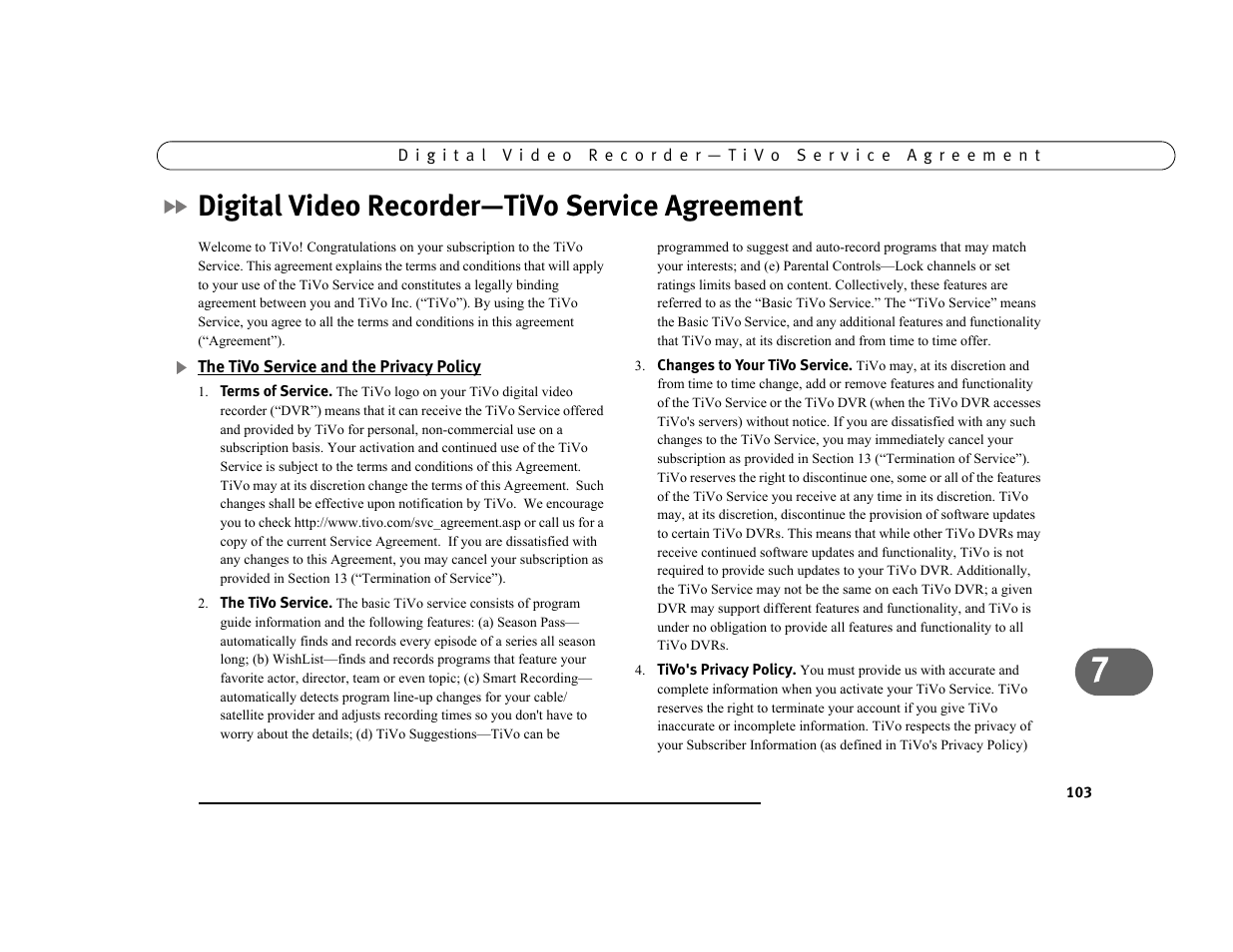 Digital video recorder—tivo service agreement | Sony SVR-3000 User Manual | Page 110 / 128