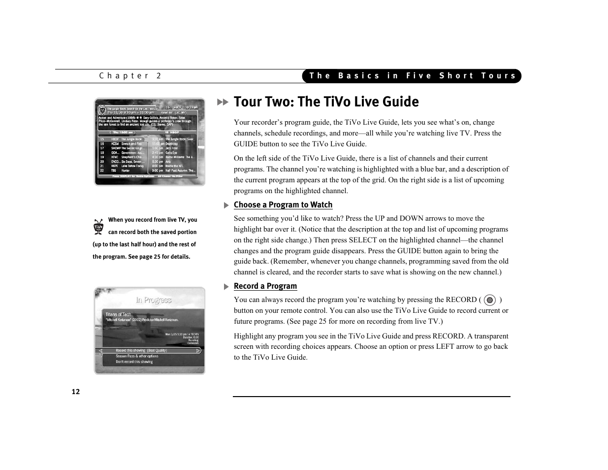 Tour two: the tivo live guide | Sony SVR-3000 User Manual | Page 19 / 128