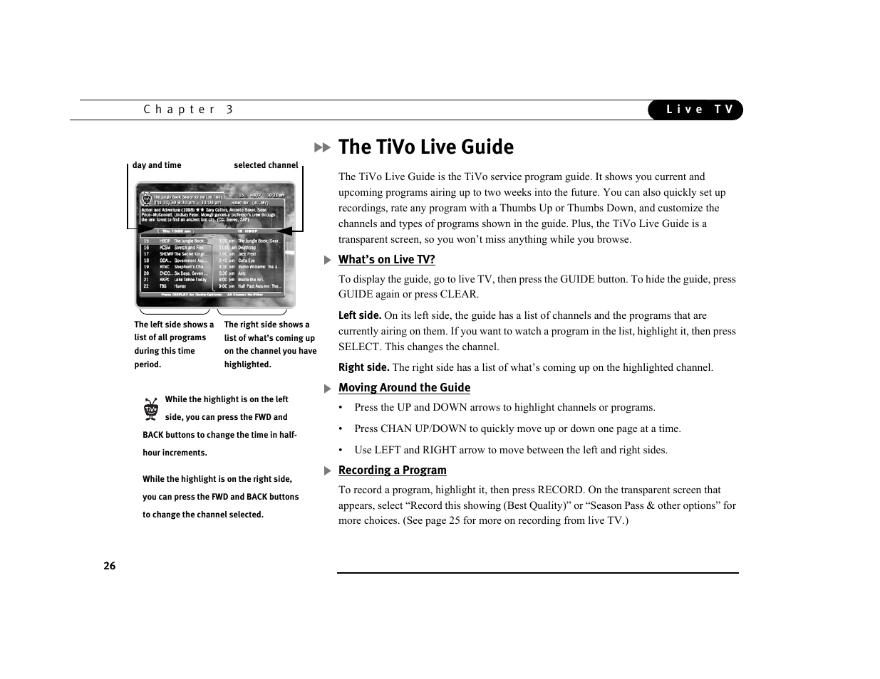 The tivo live guide | Sony SVR-3000 User Manual | Page 33 / 128