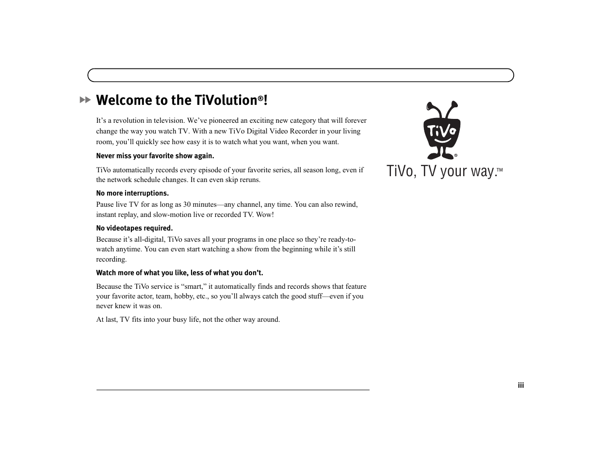 Tivo, tv your way, Welcome to the tivolution | Sony SVR-3000 User Manual | Page 4 / 128