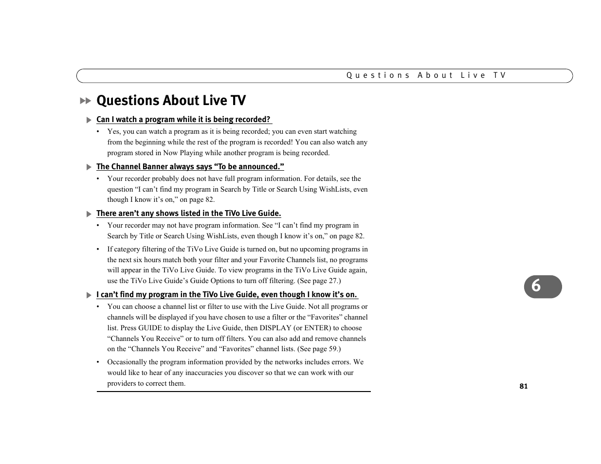 Questions about live tv | Sony SVR-3000 User Manual | Page 88 / 128