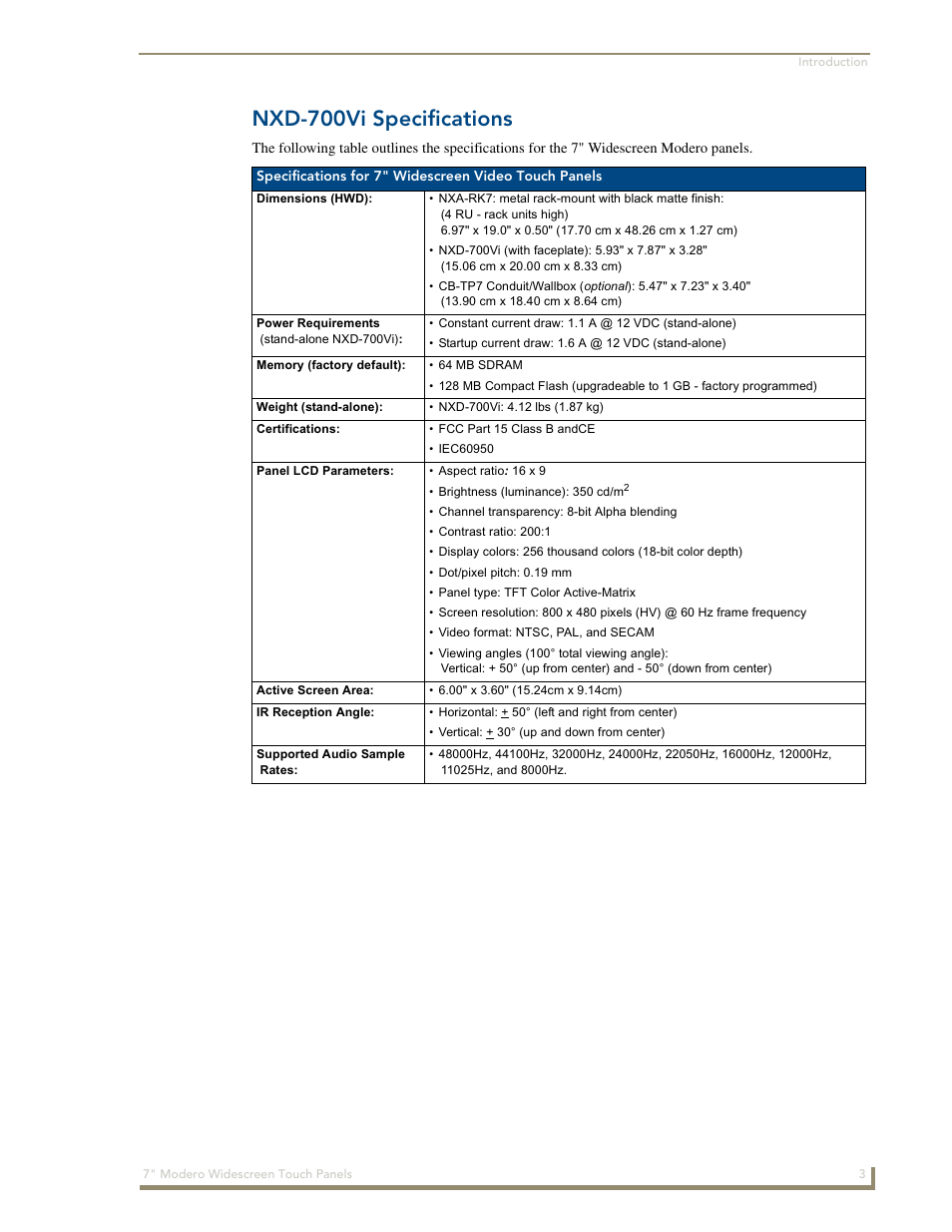 Nxd-700vi specifications | AMX Modero NXD-700Vi User Manual | Page 13 / 234