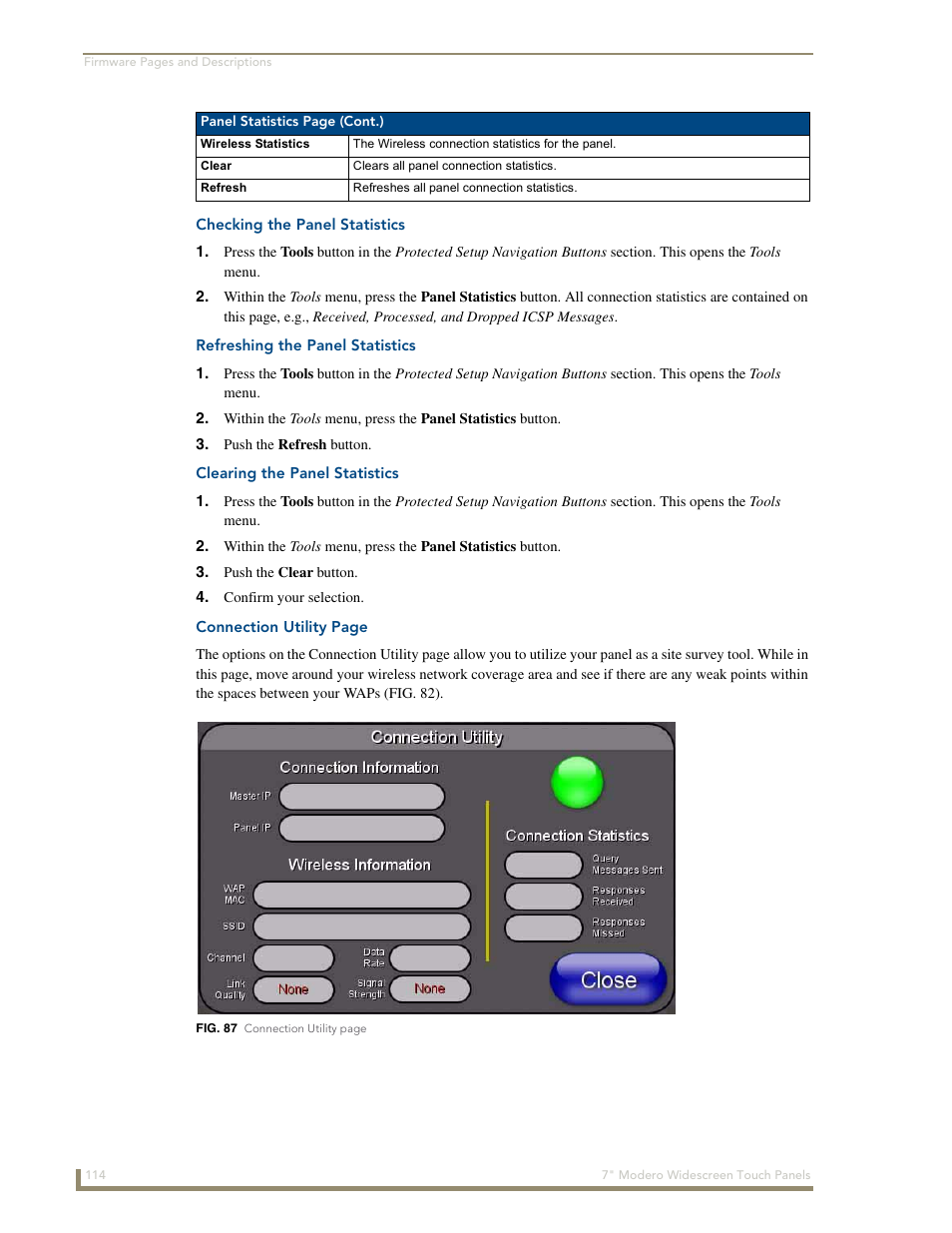 Checking the panel statistics, Refreshing the panel statistics, Clearing the panel statistics | AMX Modero NXD-700Vi User Manual | Page 136 / 234