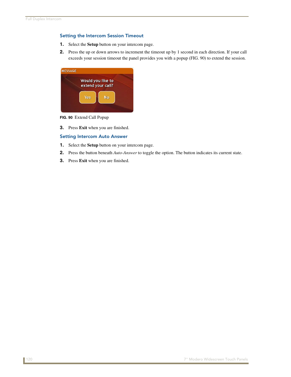 Setting the intercom session timeout, Setting intercom auto answer | AMX Modero NXD-700Vi User Manual | Page 142 / 234