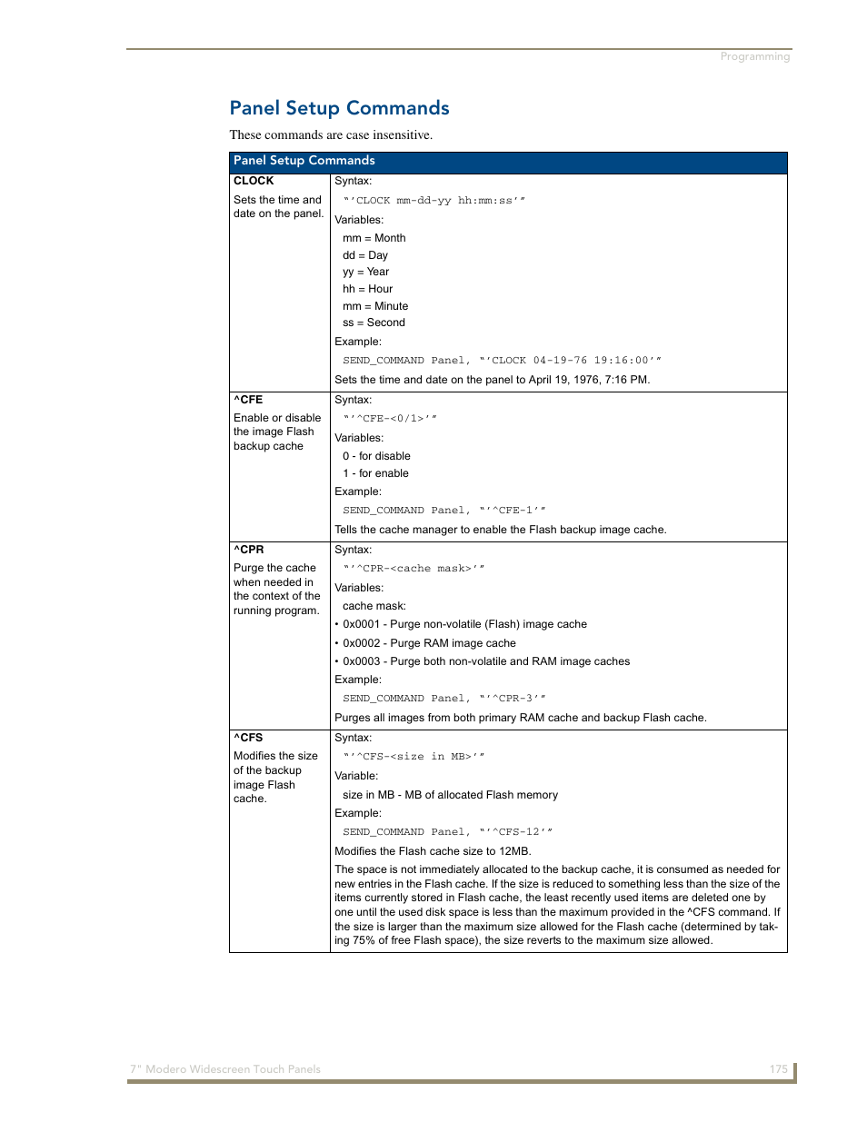 Panel setup commands | AMX Modero NXD-700Vi User Manual | Page 197 / 234