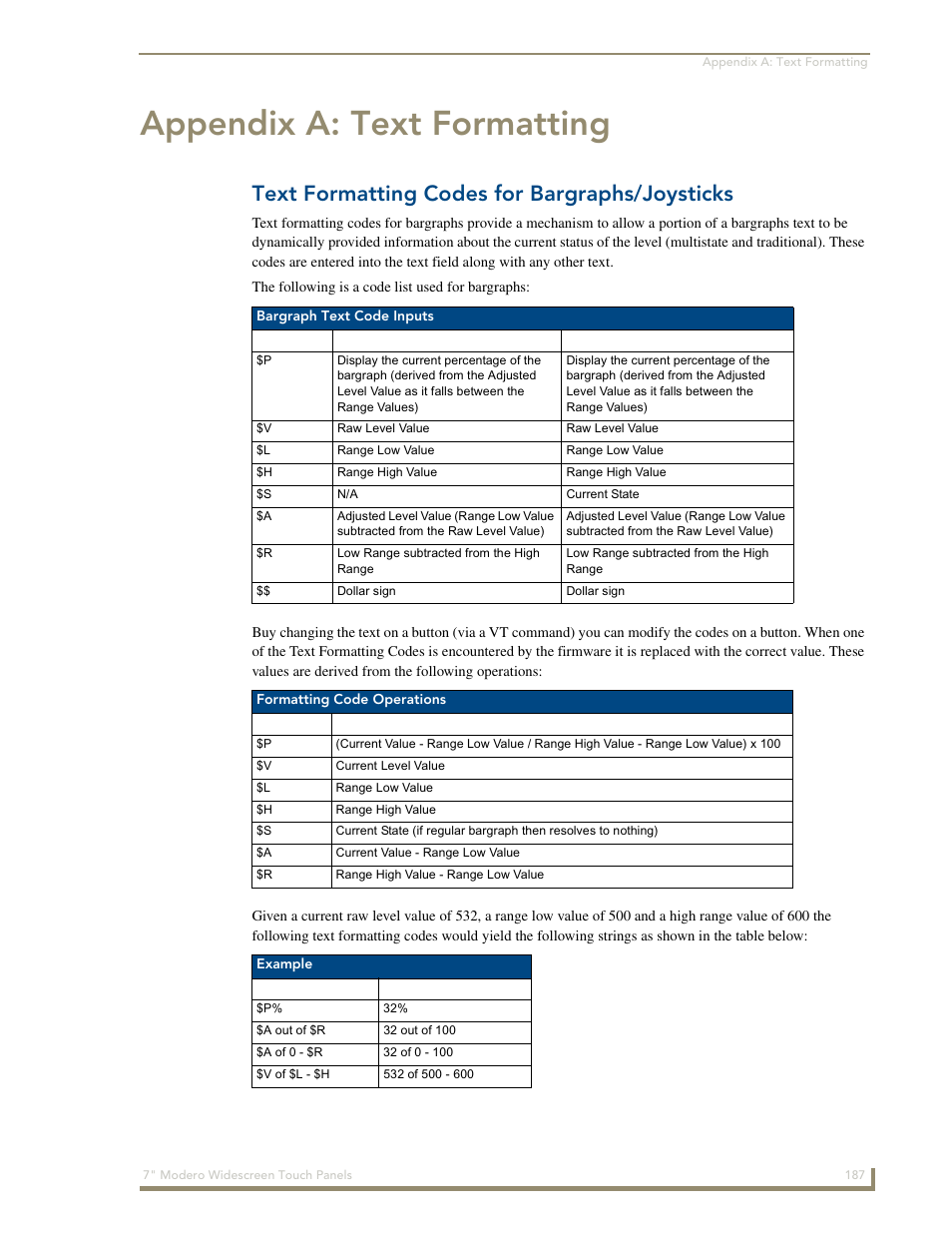 Appendix a: text formatting, Text formatting codes for bargraphs/joysticks | AMX Modero NXD-700Vi User Manual | Page 209 / 234