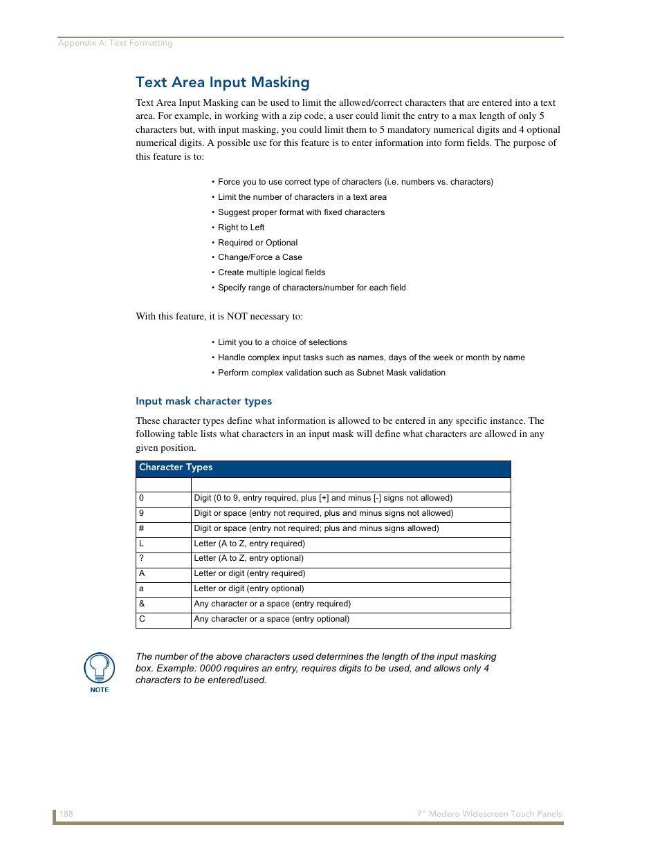 Text area input masking, Input mask character types | AMX Modero NXD-700Vi User Manual | Page 210 / 234