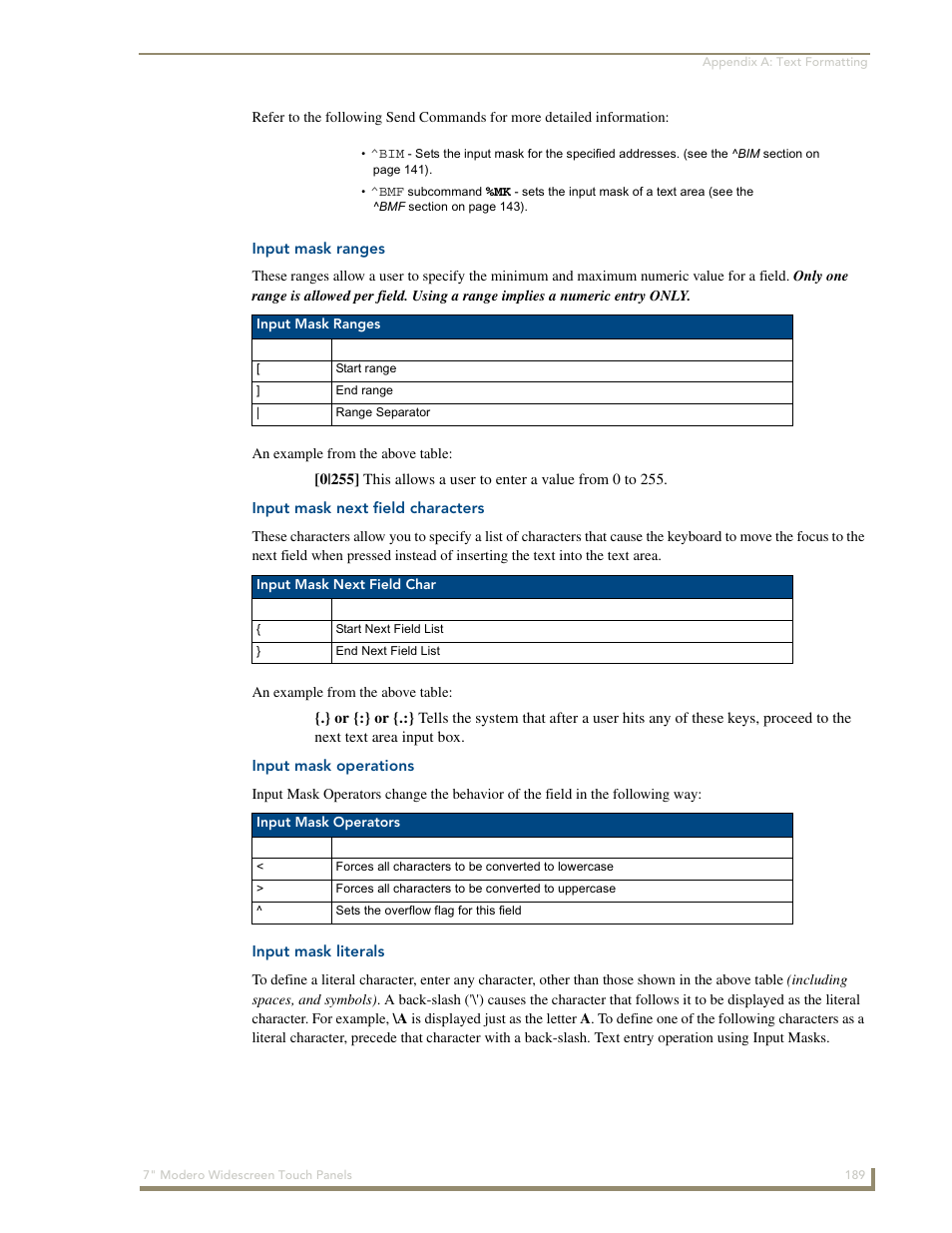 Input mask ranges, Input mask next field characters, Input mask operations | Input mask literals | AMX Modero NXD-700Vi User Manual | Page 211 / 234