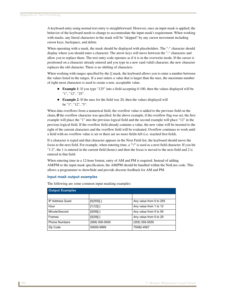 Input mask output examples | AMX Modero NXD-700Vi User Manual | Page 212 / 234