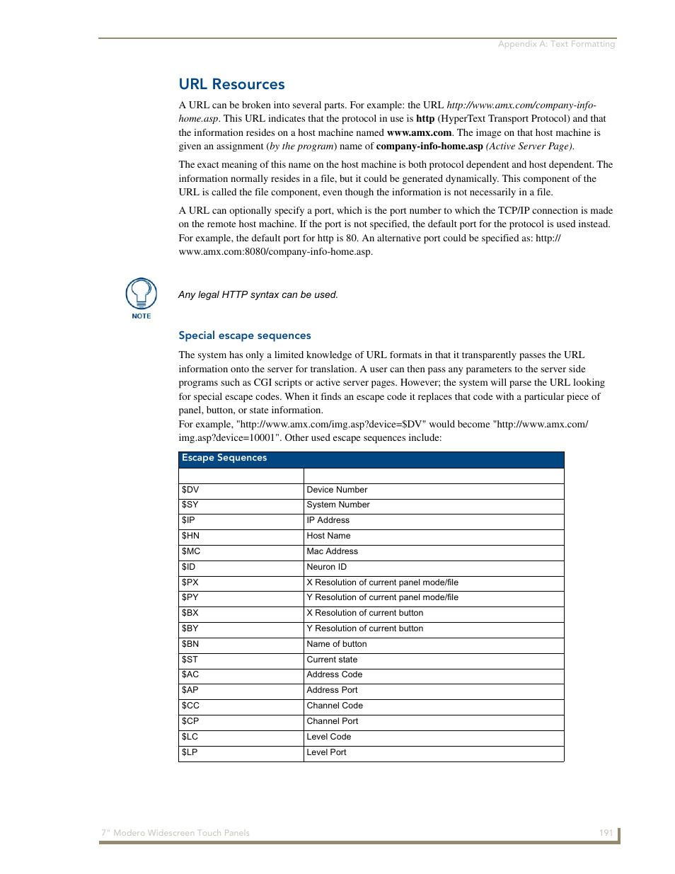 Url resources, Special escape sequences | AMX Modero NXD-700Vi User Manual | Page 213 / 234