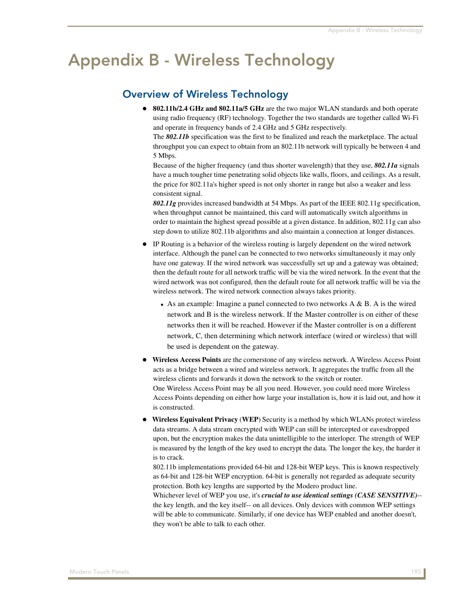 Appendix b - wireless technology, Overview of wireless technology | AMX Modero NXD-700Vi User Manual | Page 215 / 234