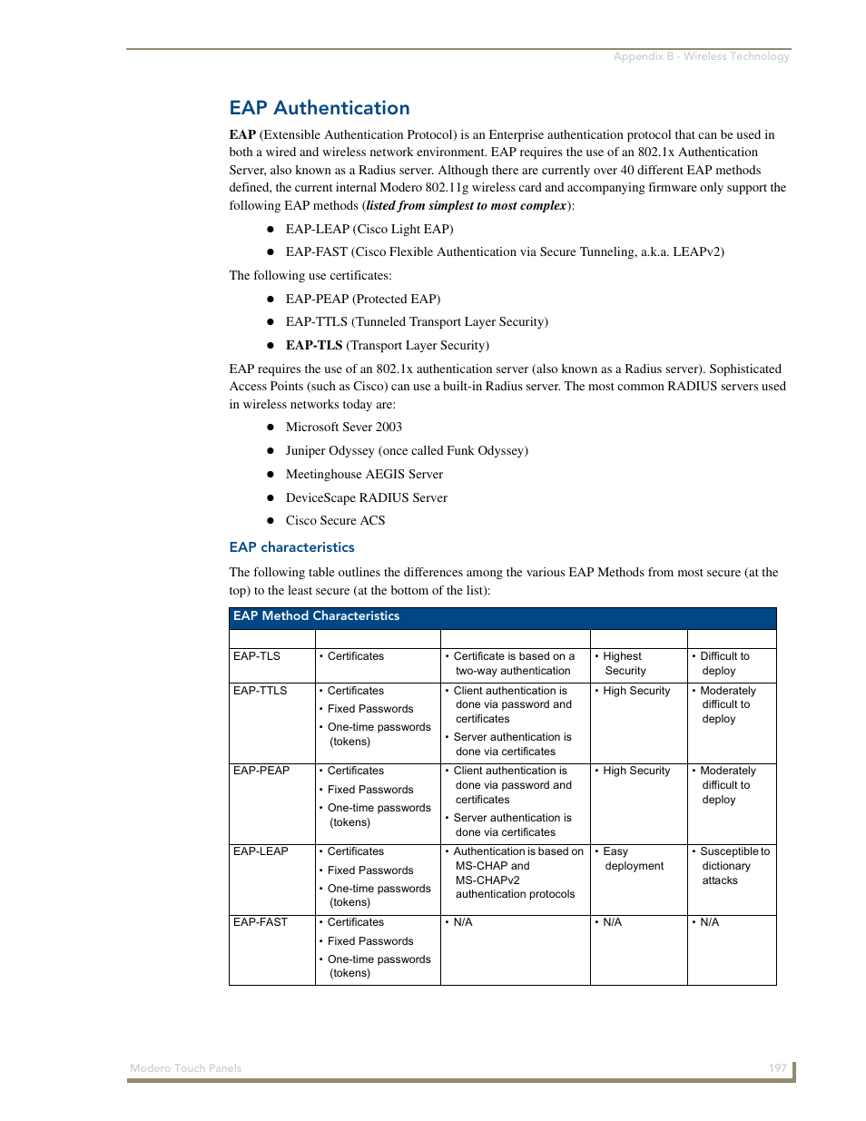 Eap authentication, Eap characteristics | AMX Modero NXD-700Vi User Manual | Page 219 / 234